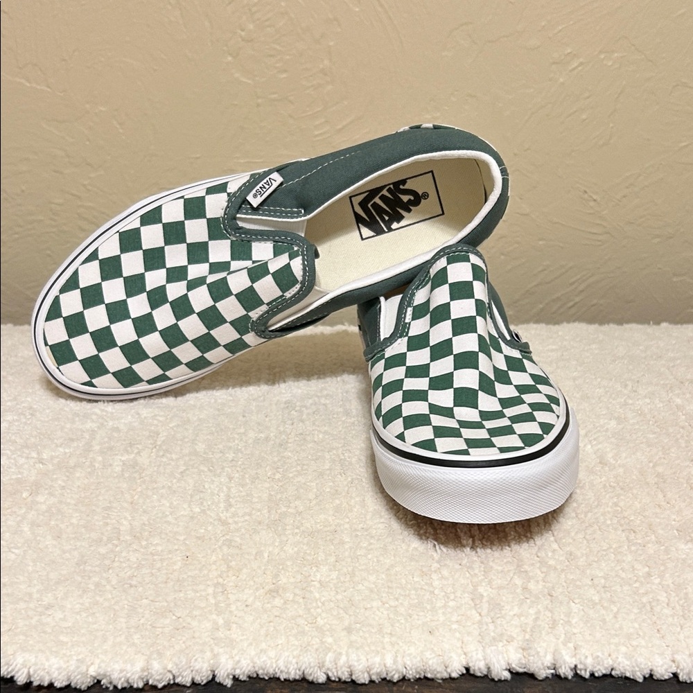 Vans Forest Green and White Checkered Slip-Ons NWOB